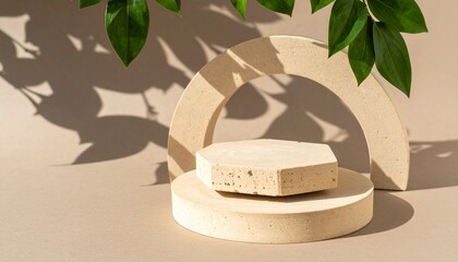 Modern abstract shape casting clean shadows on matte beige surface, strong lighting contrast for premium editorial feel
