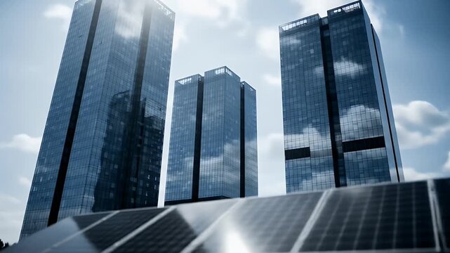 Tall glass skyscrapers rise behind a row of solar panels under a cloudy sky