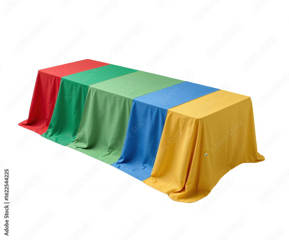 Poster a vibrant and colorful display featuring a range of textured fabrics draped elegantly on table, show
