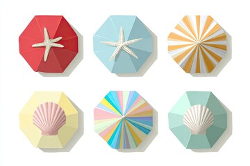 Colorful beach umbrellas with sea motifs.