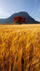 Golden Wheat Field with Red Tree and Mountain Landscape