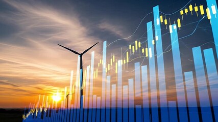Wind turbine silhouette against sunset with financial charts overlay - Powered by Adobe