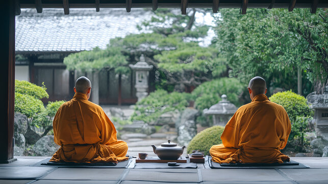 Two monks in orange robes perform tranquil tea ceremony in traditional Zen garden, surrounded by lush greenery and peaceful atmosphere