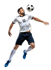 Male soccer player doing a powerful header onto a ball with his head