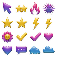 Collection of 3d rendered glossy and vibrant digital icons for user interface and design elements