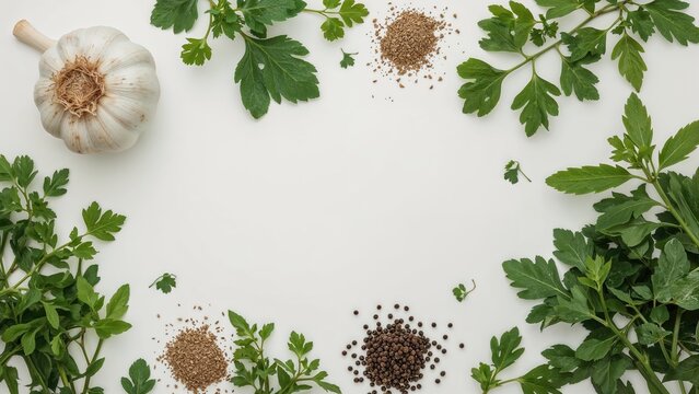 Flat lay image presenting herbs and spices like garlic, pepper, and coriander with empty space for writing.