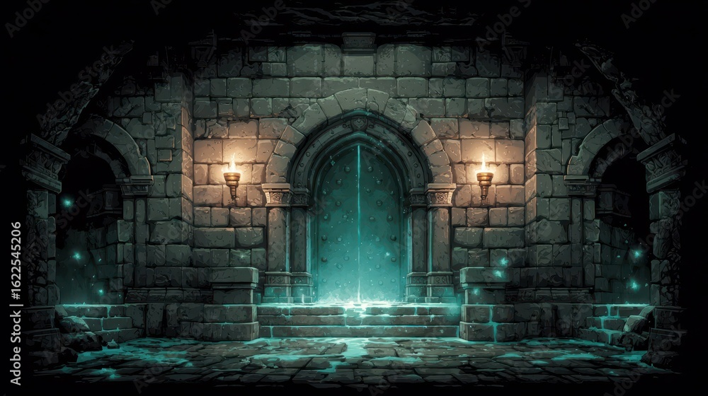 Aufkleber mysterious ancient gate in a dark dungeon with glowing elements