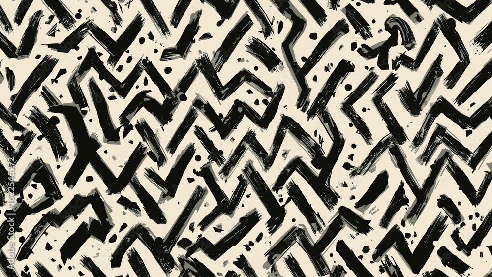 Poster handcrafted geometric seamless pattern composed of zigzag lines, triangles, and dashes with a rough 