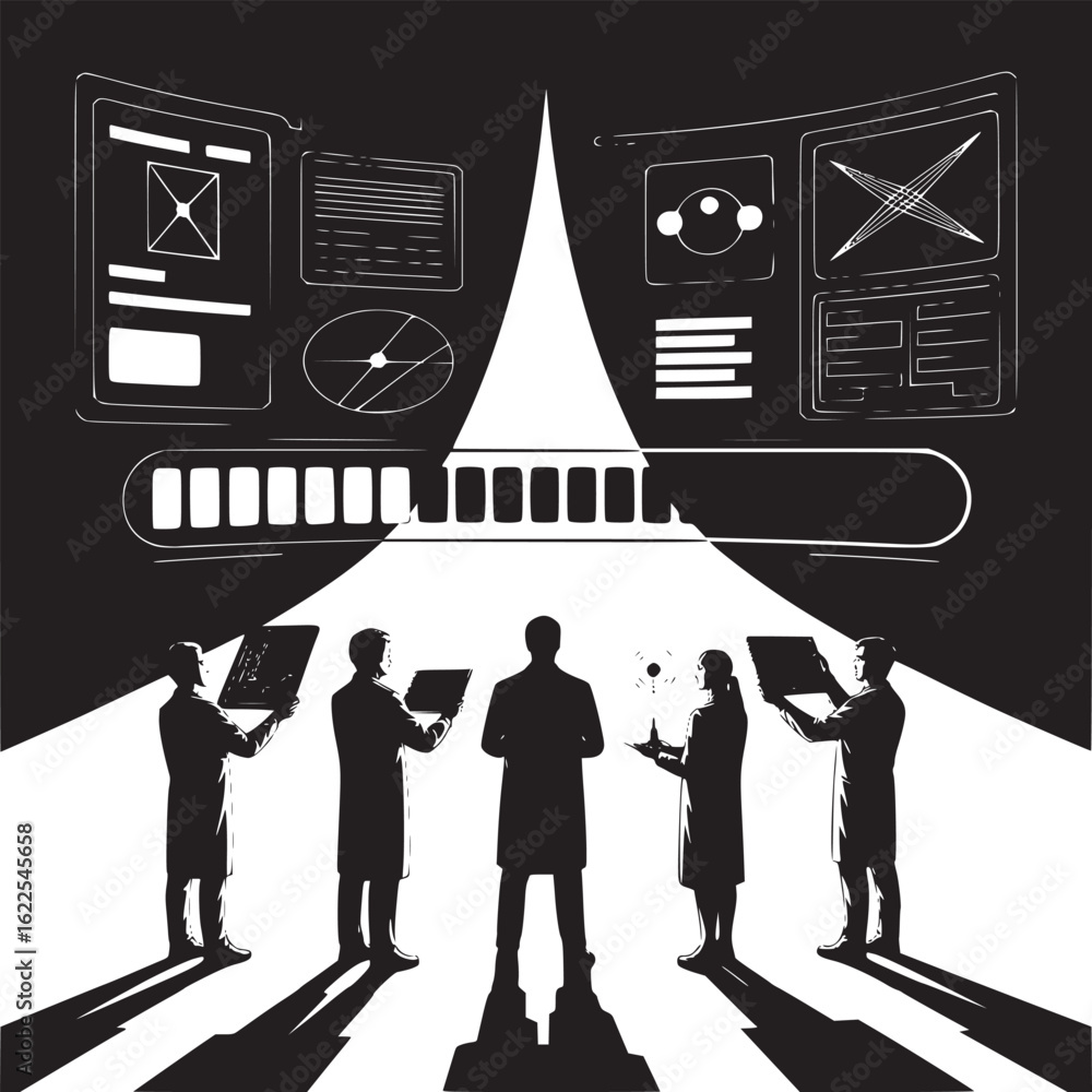 Poster scientists analyzing data on screens in a futuristic laboratory setting in black and white art style