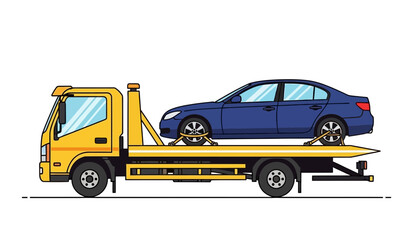 Yellow Tow Truck Transporting Blue Sedan with Secured Wheels Side View