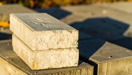 Stacked natural stone blocks on a warm concrete base, ambient golden hour tones enhancing shape and surface texture.