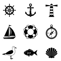 Nautical Icons Steering Wheel Anchor Lighthouse Sailboat Lifebuoy Compass Seagull Fish Shell