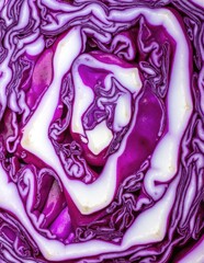 Obraz premium A vibrant close-up of a purple cabbage, showcasing its intricate layers and rich hues, with dew drops glistening on the crisp leaves, set against a soft background.