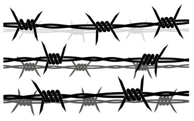 Three rows of black barbed wire with gray shadows sharp and dangerous