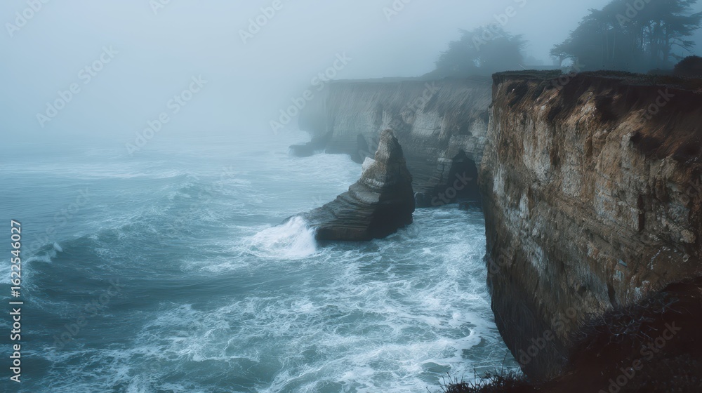 Poster foggy coastal cliffs with waves crashing below on a gloomy day