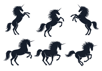 Silhouetted Unicorns in Various Poses Symbolizing Grace and Power