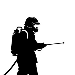 Silhouette of a firefighter with helmet mask and tank spraying with a long nozzle