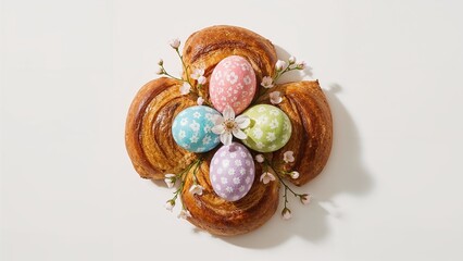 Obraz premium Easter bread featuring eggs and floral accents, photographed from above