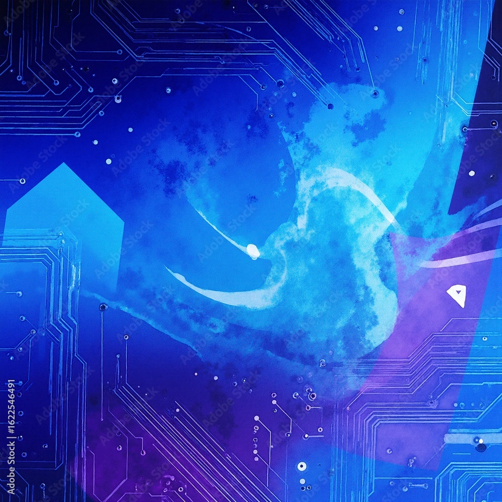 Poster a close-up view of a computer circuit board intricately designed, featuring a vivid image of the moo