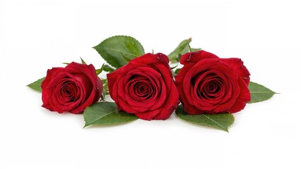 Obraz premium Three crimson roses with greenery against a white backdrop. Isolated. Horizontal.