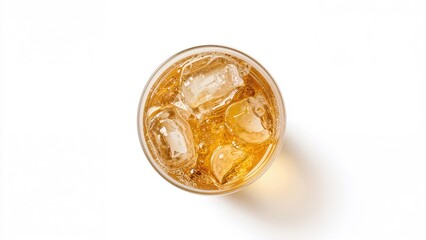 Bird's-eye view of a plastic cup filled with iced dry ginger ale on a plain white surface with clipping path