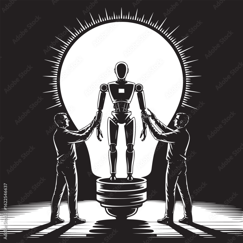 Poster two men assembling a robot standing on a lightbulb in black and white illustrative design style