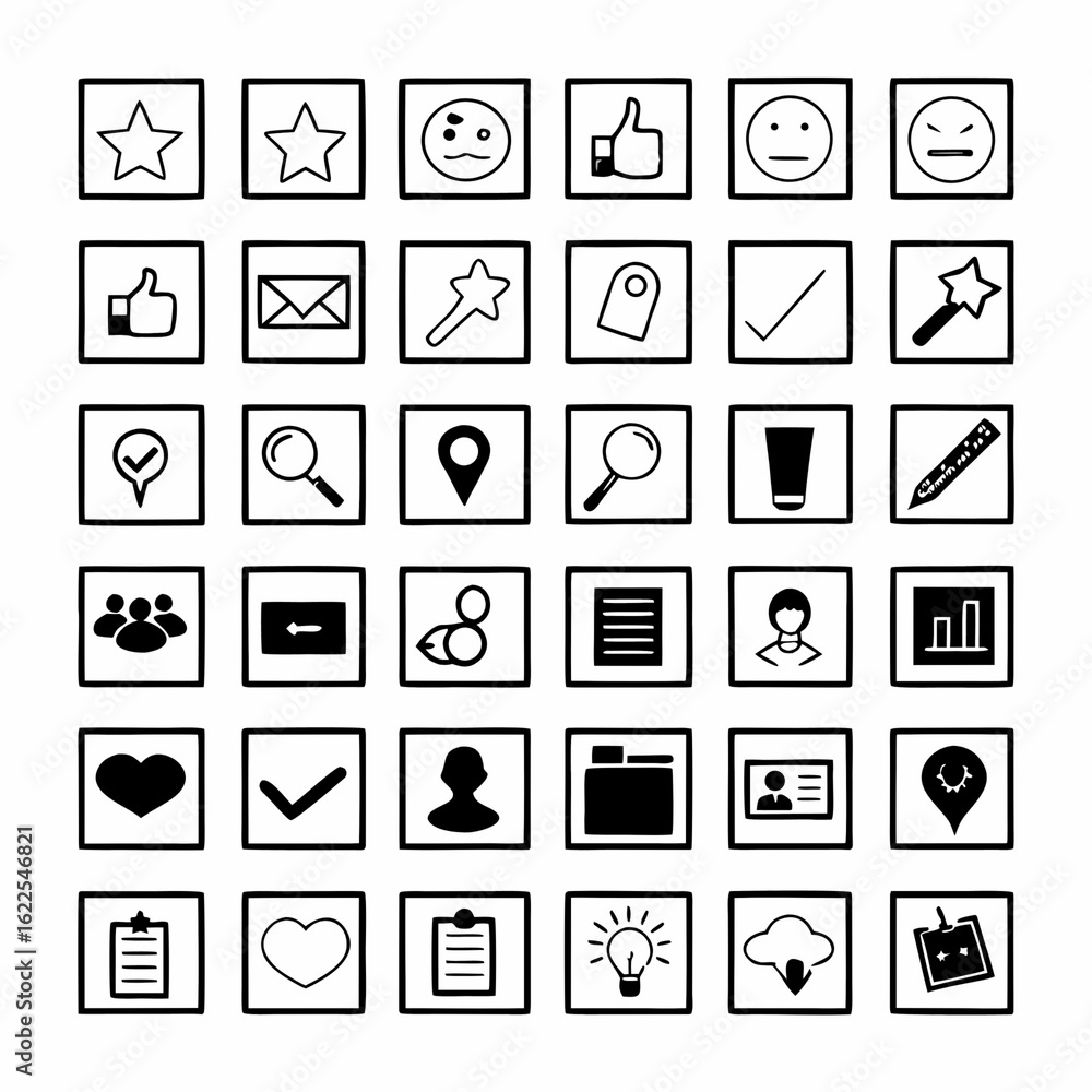 Aufkleber minimilist collection of thirty five different black and white icons in square frames arranged in a 
