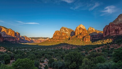 Naklejka premium A set of three sandstone cliffs in the western region of a notable canyon, known collectively as the Three Patriarchs