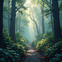 Obraz premium Walking Path Through Misty Forest with Sunlight Streaming Through Trees