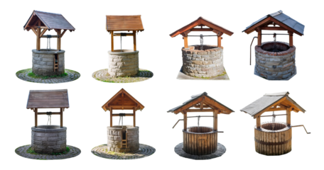 Various Traditional Water Wells with Different Structures and Designs, isolated on transparent background
