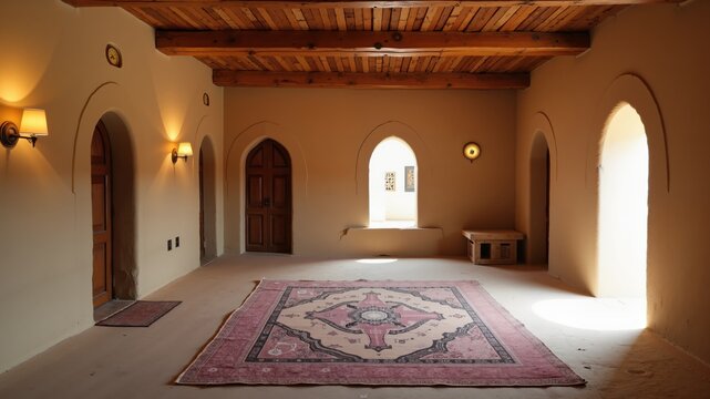 Traditional and ancient Arab mud house interior in Saudi Arabia.
