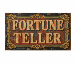 Antique Carnival Fortune Teller Sign with Ornate Gold Detailing and Distressed Texture Offering a Glimpse into the Past