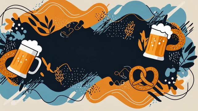 Animated oktoberfest celebration with beer mugs, pretzels, and festive patterns