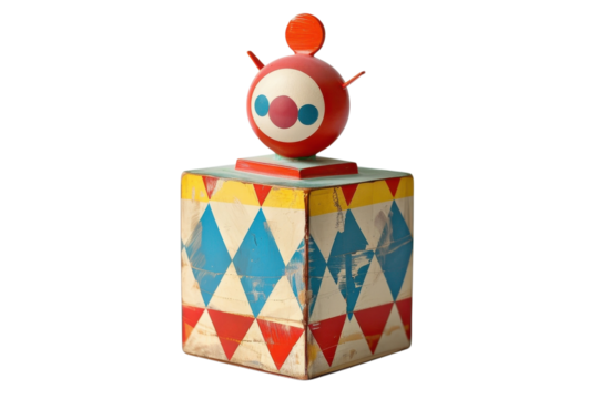 Colorful vintage clown jack-in-the-box toy with geometric patterns on the base displayed against a plain background