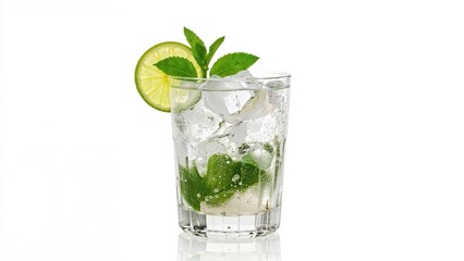 Traditional rum-based beverage, the mojito, set on a white background.