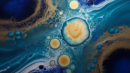 Stunning abstract fluid art with vibrant blues, golds and yellows swirling together to create a mesmerizing and unique design perfect for backgrounds and creative projects