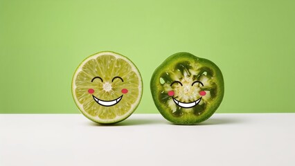 Top angle of a happy lime paired with chili pepper