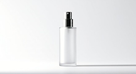 Frosted glass spray bottle with black pump dispenser, casting a shadow on a white surface.