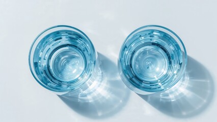 Overhead shot of transparent glasses filled with water casting blue shadows