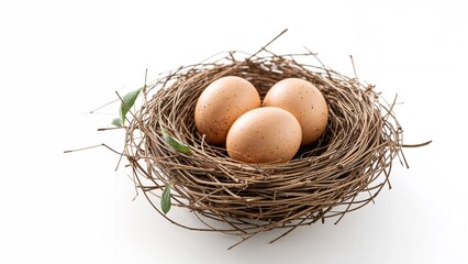 Natural bird nest holding three eggs set on a plain white surface