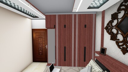 Modern Bedroom with Wooden Wardrobe and Ornate Mirror