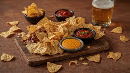 Crunchy corn chips served with cheesy sauce and smoky barbecue dip