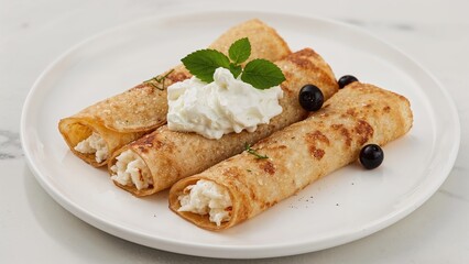 Light pancakes stuffed with farmer's cheese, served alongside sour cream and blackcurrant jelly.
