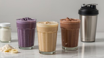Three freshly made milk-based drinks with chocolate, blueberry, and banana are placed near a protein shaker on the table
