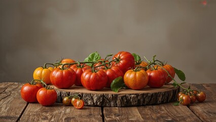 Top view of ripe tomatoes on a wooden table. Fresh vegetable setup with room for text. Harvest season and farm-fresh theme. Natural produce presentation.