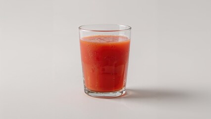 Tomato juice served in a clear glass against a grey backdrop