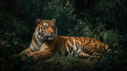 Large predator reclining in woodland