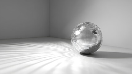 Rotating mirror ball centered, radiant light beam array, crystalline reflective surface, clean white environment, dramatic shadow casting, dynamic light scatter, suspended party sphere, glittering