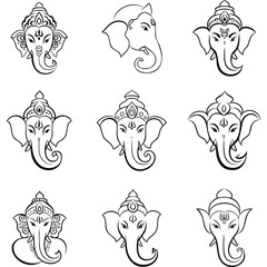 Obraz premium Collection of ganesha illustrations showing different styles and artistic interpretations of the deity's face silhouette