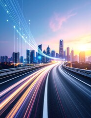 Obraz premium A bustling highway at night, illuminated by vibrant light trails from speeding vehicles, creating a dynamic flow of colors against the dark backdrop.